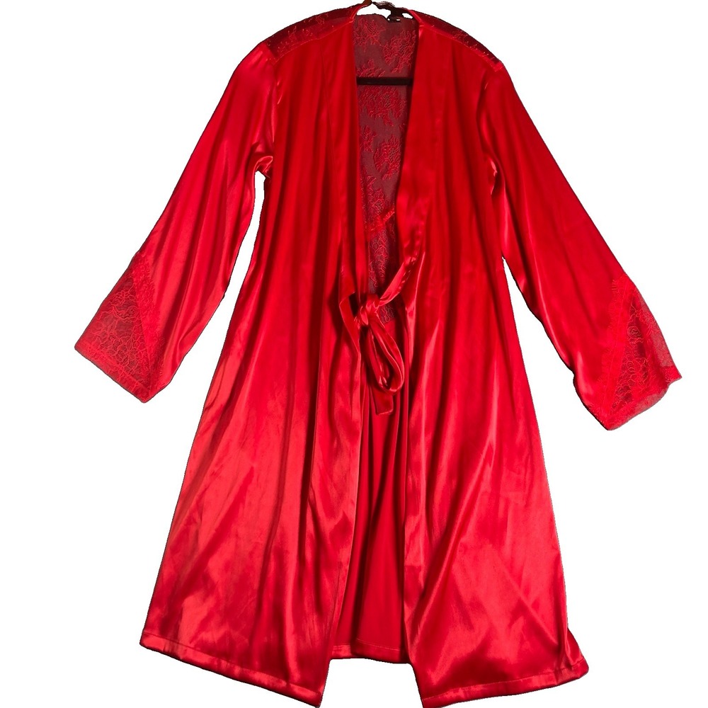 Victoria's Secret Red Satin Chantilly Lace Back Kimono Robe XS